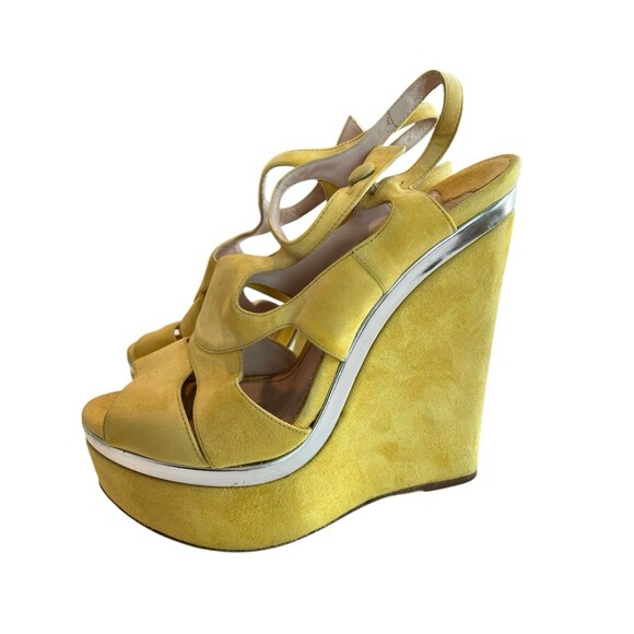 MIU MIU SUEDE WEDGE PLATFORM SANDALS SOLEIL Sz 37 1/2 Italy stamp COA U… - Picture 5 of 14